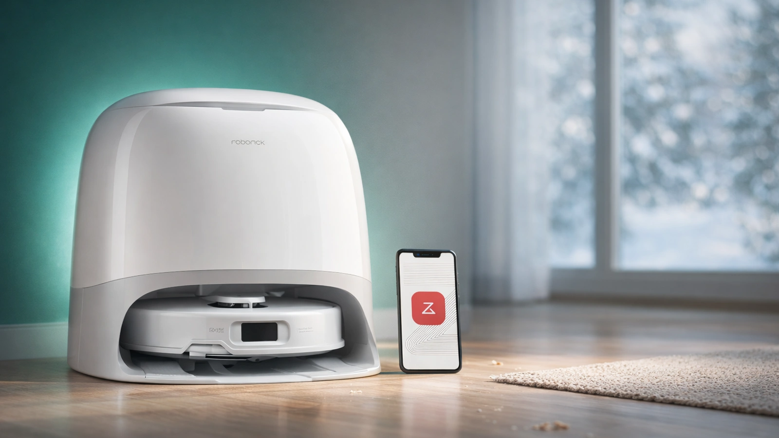 High-end robot vacuum and dock in a clean, modern home testing setup